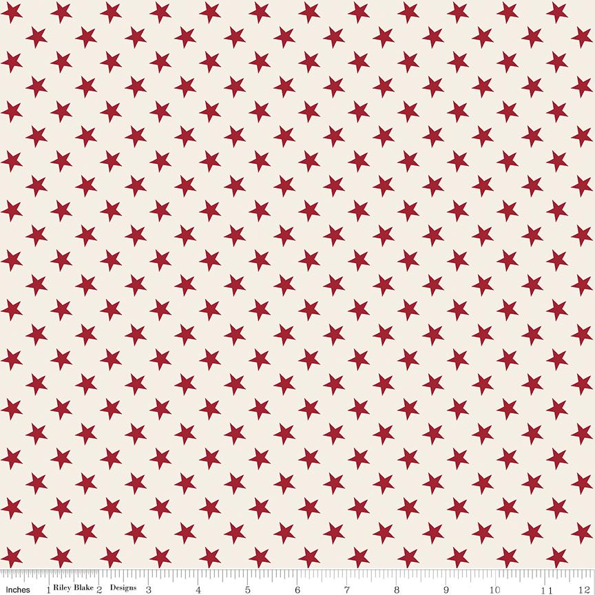 Independence - Red Stars on Cream Fabric, Riley Blake C17337-Cream, Red Cream Patriotic Cotton Quilt Blender Fabric, By the Yard