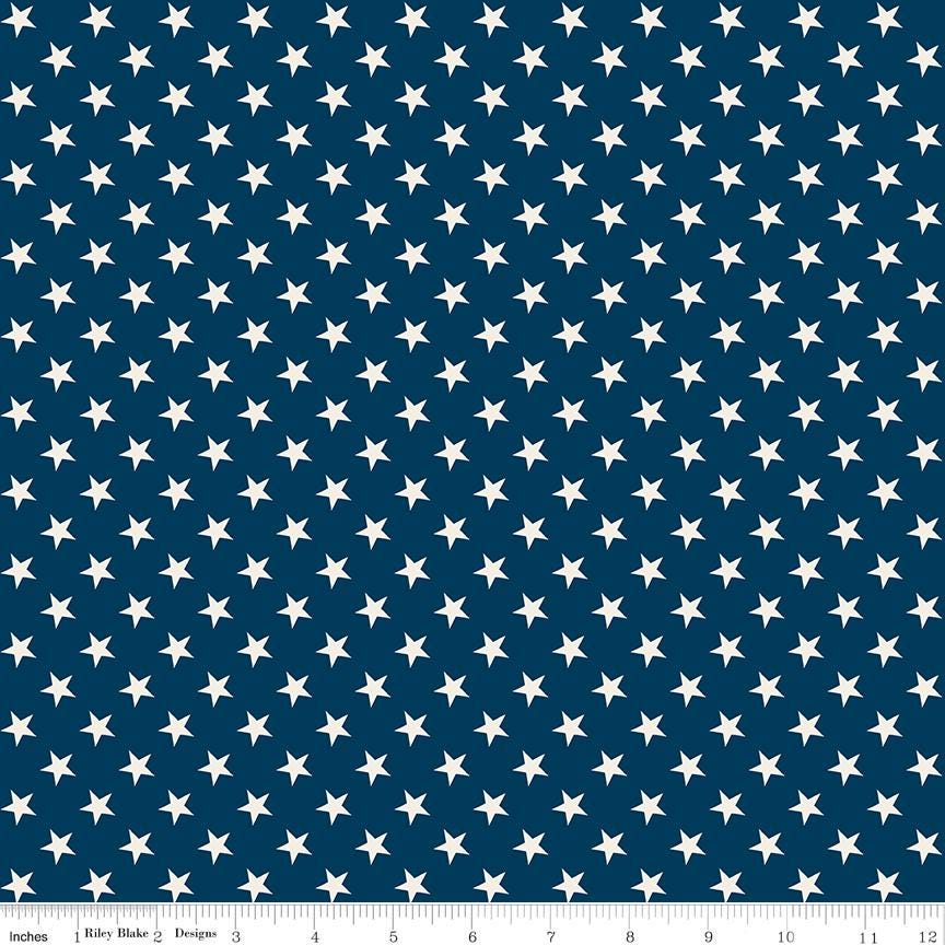 Independence - White Stars on Blue Fabric, Riley Blake C17337-Oxford, Navy Blue White Patriotic Cotton Quilt Blender Fabric, By the Yard