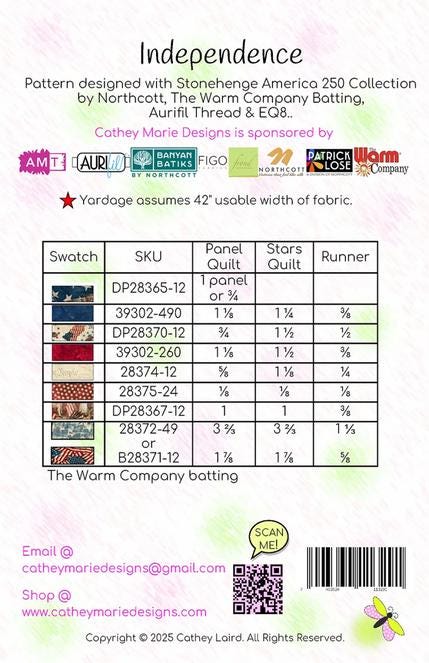 Independence Panel Frame or Runner Quilt PATTERN, Cathey Marie Designs CMD329 PTN3545, Fabric Panel Friendly Star Quilt Pattern