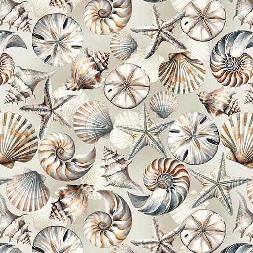 Coastal Escape - Sea Shells on Neutral Light Gray Fabric, Benartex 1502070, Beach Coastal Seashells Starfish Cotton Quilt Fabric, DeCamp