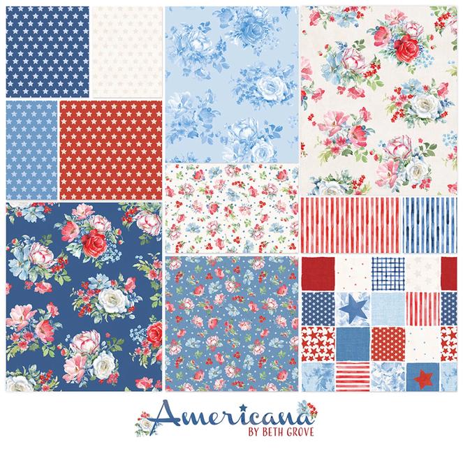 Americana 12 Piece Fat Quarter Bundle, Clothworks FQ0545, Patriotic Floral Fabric Bundle, 18 x 22 Fabric Cuts, Beth Grove