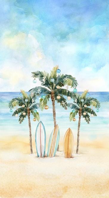 Seas and Greetings - 24" Tropical Christmas Palm Trees Surfboards Fabric Panel, Hoffman Y5810-512-Paradise