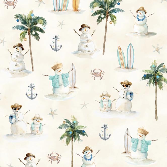 Seas and Greetings - Tropical Christmas Palm Trees Surfboards Sandmen Fabric, Hoffman Y5811-62 Sand, Beach Coastal Xmas Fabric