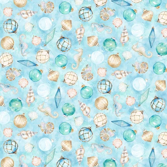 Seas and Greetings - Tropical Christmas Ornaments Seahorses Shells on Blue Fabric, Hoffman Y5813-73 Ocean, Beach Coastal Xmas Fabric