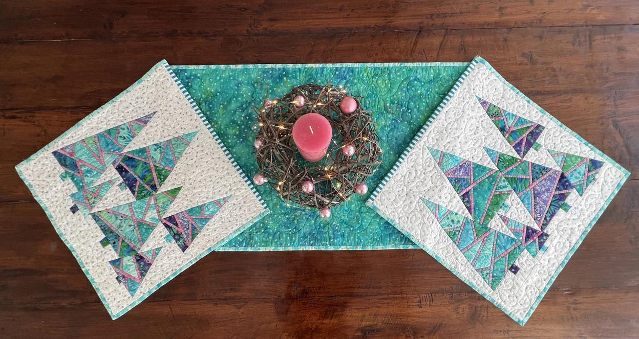 Enchanted Forest Table Runner Quilt Kit, Anthology 80000QK-X, FPP Turquoise Pink Purple Christmas Trees Table Quilt Kit, Jacqueline de Jonge