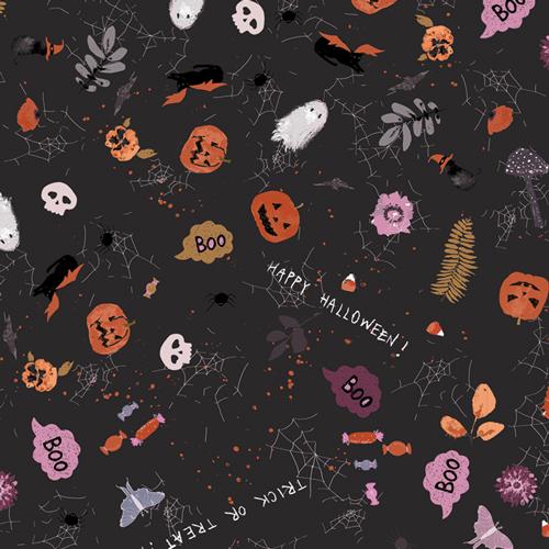 Eerie - Deliciously Haunted Halloween Fabric, Art Gallery Fabrics EER31002, Halloween Icons on Black Fabric, Katarina Roccella, By the Yard