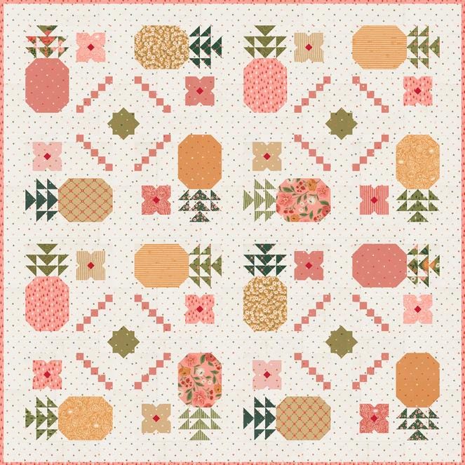 Piña Colada Quilt Pattern, Lella Boutique LB261, Fat Eighths F8 Friendly Pineapples Flowers Square Throw Quilt Pattern