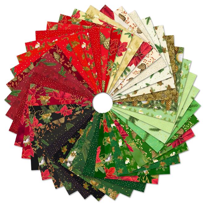 Holiday Flourish Forest Glen 2.5" Roll Up, Robert Kaufman RU-1402-40, Precut 2.5" Gold Metallic Christmas Jelly Roll Fabric Strips