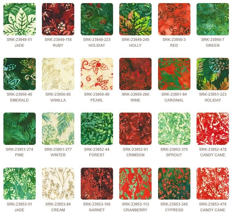 Artisan Batiks - Christmas Cheer 5" Charm Squares, Robert Kaufman CHS-1388-42, 5" Precut Red Green Christmas Xmas Batik Fabric Squares