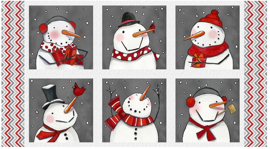 Snow Folks - 24" Whimsical Snowmen Fabric Panel, Henry Glass 2699B-98, Red Gray Christmas Xmas Snow People Fabric Panel, Barb Tourtillotte