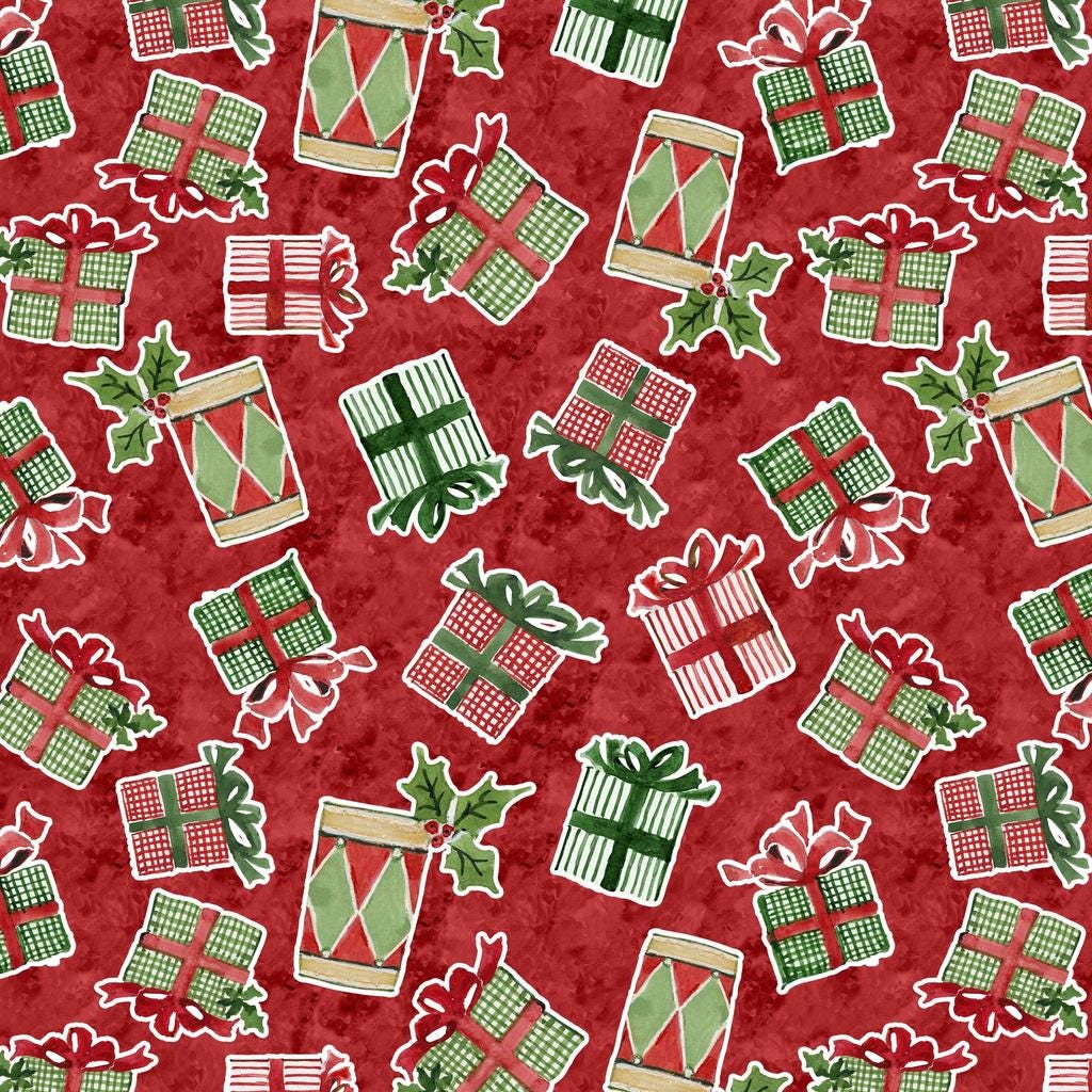 Snowy Greetings - Tossed Christmas Presents on Red Fabric, White Owl W105-035-363, Xmas Gifts on Red Cotton Fabric, Winget, By the Yard