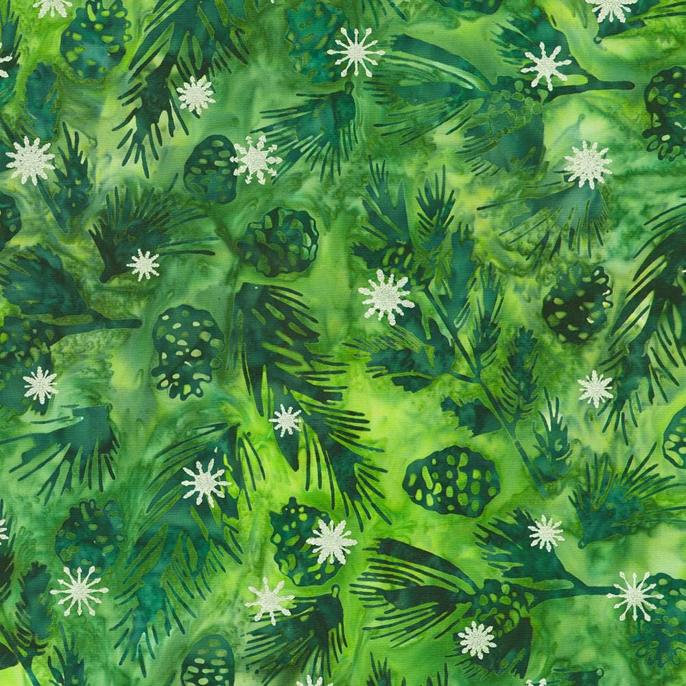 Artisan Batiks Evergreen Ice - Green Pinecones Branches Silver Snowflakes Fabric, Kaufman SRKM-23964-274 Pine, Christmas Fabric, By the Yard