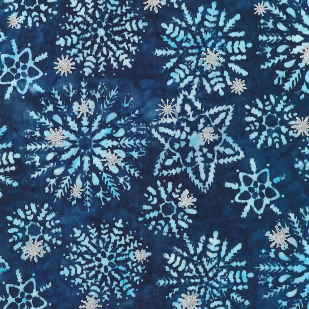 Artisan Batiks Evergreen Ice - Light Blue Silver Snowflakes on Navy Fabric, Kaufman SRKM-23962-4 Blue, Winter Christmas Fabric, By the Yard