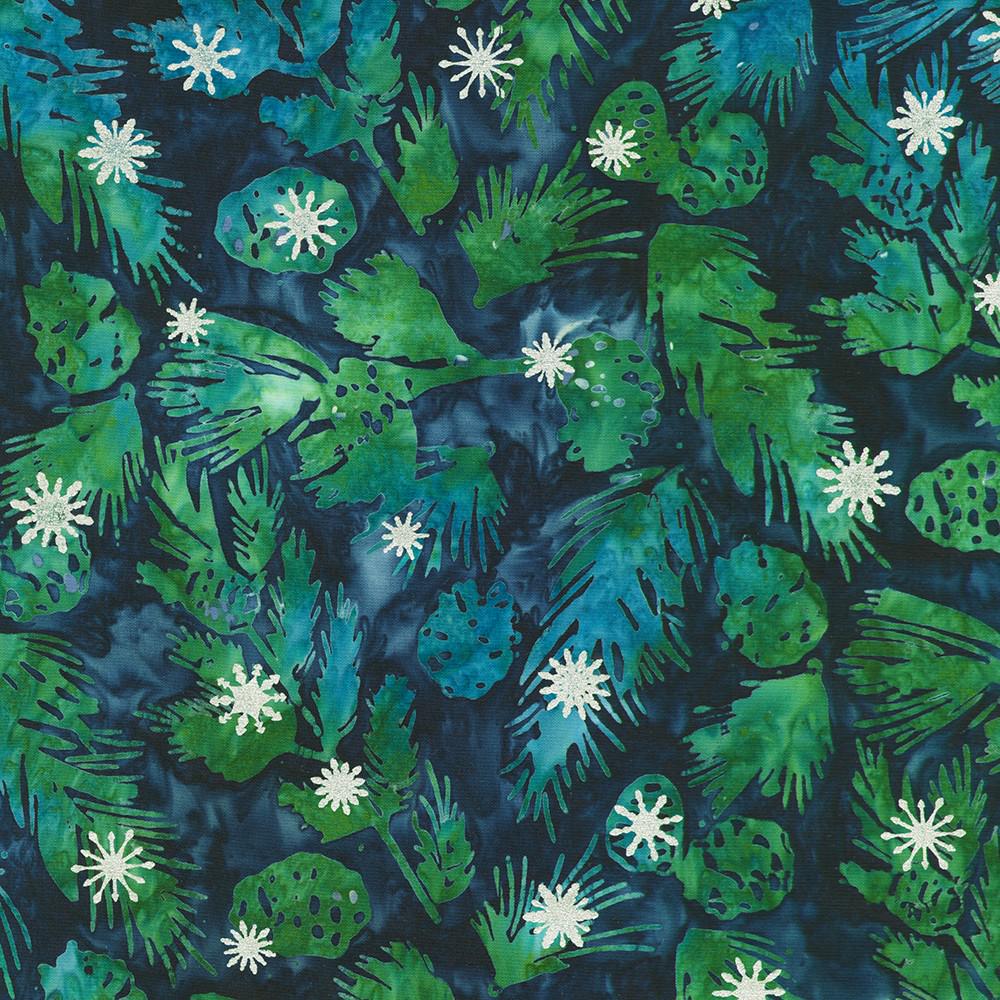 Artisan Batiks Evergreen Ice - Green Pinecones Branches Silver Snowflakes on Navy Blue Fabric, Kaufman SRKM-23964-69 Midnight, By the Yard