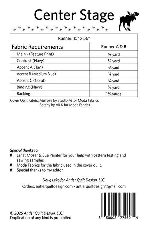 Center Stage Table Runner Quilt Pattern, Antler Quilt Design AQD124, Feature Fabric Friendly Table Runner Quilt Pattern, Doug Leko