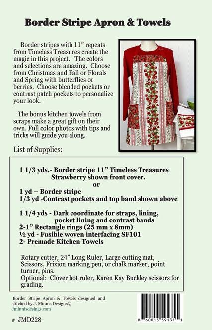 Border Stripe Apron and Towels Pattern, Joyce Minnis JMD-228, Yardage Friendly Adult Apron Pattern