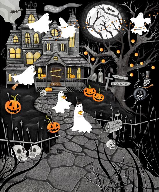 I Made a Boo Boo - 36" Halloween Fabric Panel, Studio E 8987PS-99, Not Too Spooky Halloween House Ghosts Fabric, Art by Bella