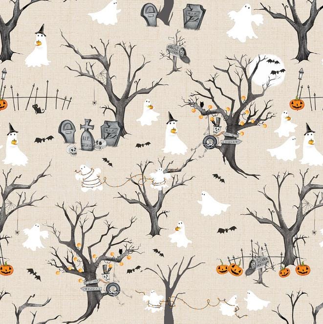 I Made a Boo Boo - Ghosts on Beige Halloween Fabric, Studio E 8989S-46 Bone, Not Too Spooky Halloween Ghosts Graveyard Fabric, Art by Bella
