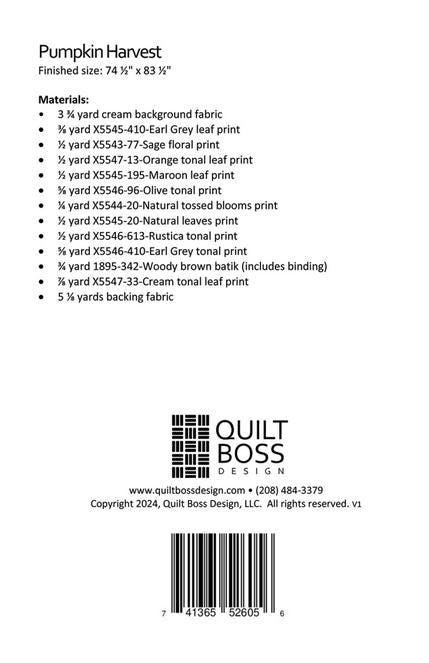 Pumpkin Harves Quilt Pattern, Quilt Boss QBOSS-6056, Yardage Friendly Pumpkins Chains Fall Autumn Throw Quilt Pattern