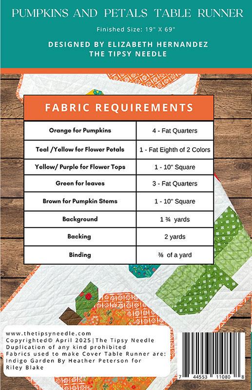 Pumpkins and Petals Table Runner Quilt Pattern, The Tipsy Needle TTN140, Fat Quarter FQ Scrap Friendly Pumpkins Sunflowers Table Quilt