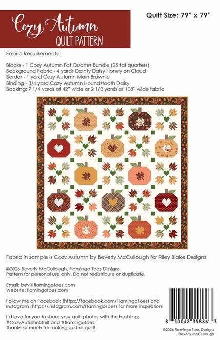 Cozy Autumn Quilt Pattern, Flamingo Toes FT58863, 24 Fat Quarter FQ Friendly Fall Leaves Chain Pumpkins Hearts Quilt Pattern