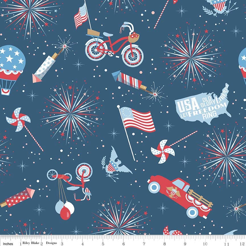 DESTASH Parade On Main - Navy Blue Patriotic Toss Fabric, Riley Blake C6080-Navy, Red White Blue Patriotic Independence Day Fourth of July
