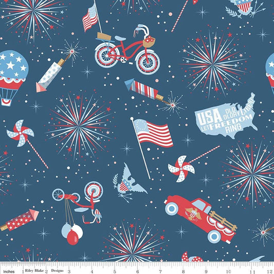 DESTASH Parade On Main - Navy Blue Patriotic Toss Fabric, Riley Blake C6080-Navy, Red White Blue Patriotic Independence Day Fourth of July