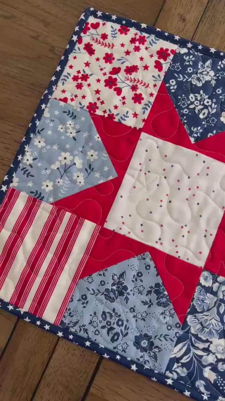 Patriotic Floral Quilted Table Runner, 14" x 53.5"