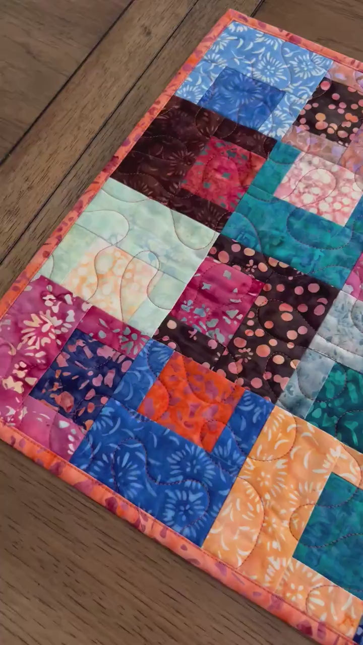 Multicolored Batik Quilted Table Runner, Orange Blue Teal Brown Batik Table Runner