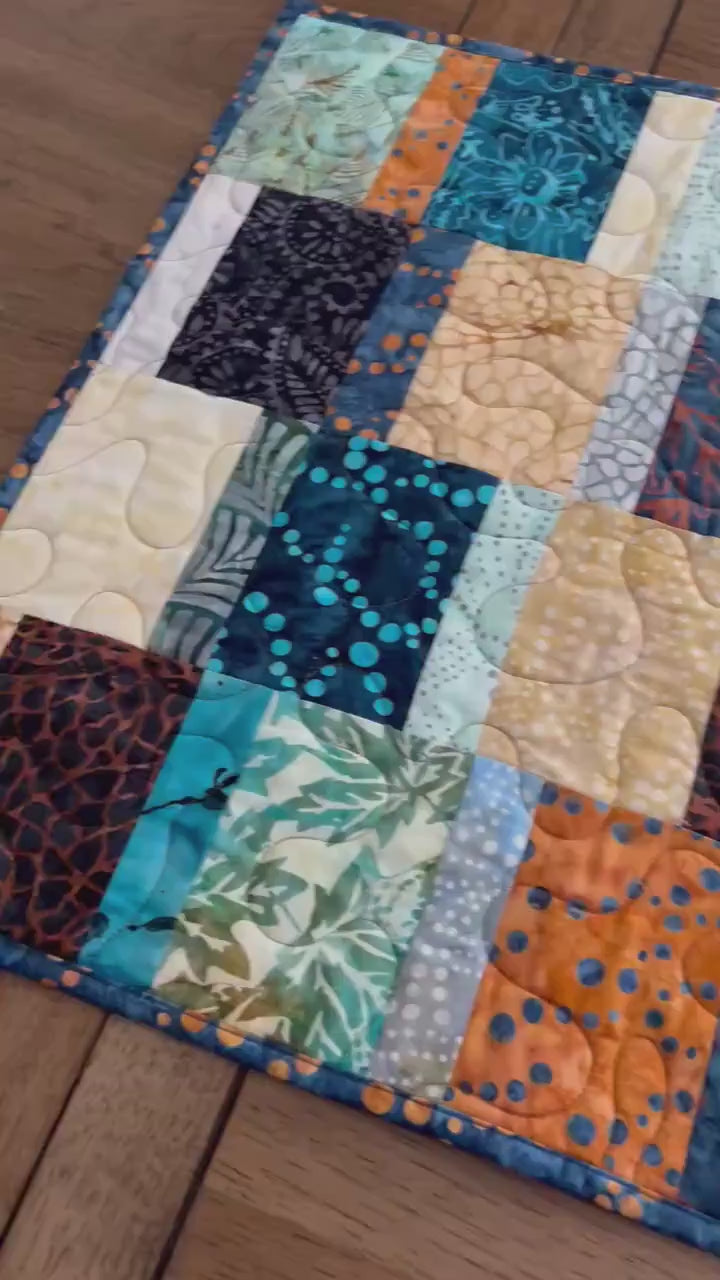 Blue Brown Batik Quilted Table Runner, Moda Blue Ridge Batiks Table Quilt