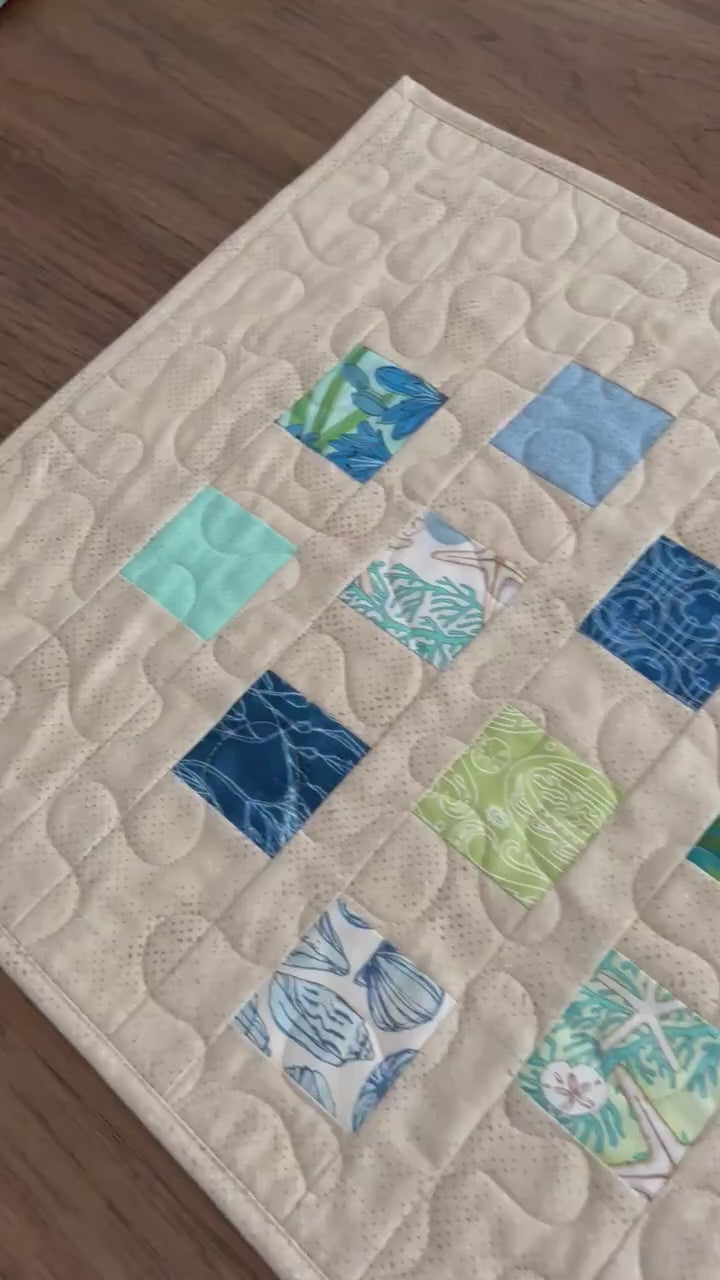 Blue Green Tan Coastal Quilted Table Runner, 15.5" x 54"