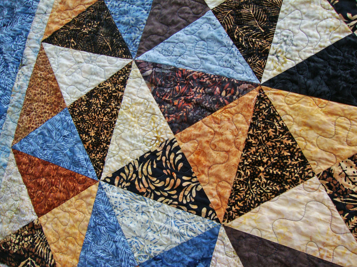 Blue Brown Batik Throw Quilt Blanket, 60.5" x 69.5"