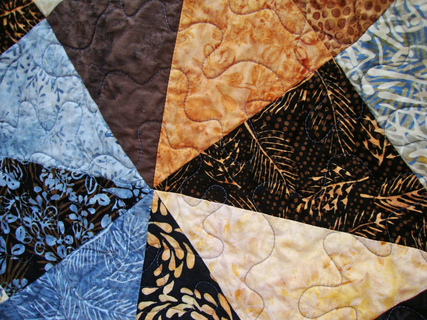 Blue Brown Batik Throw Quilt Blanket, 60.5" x 69.5"