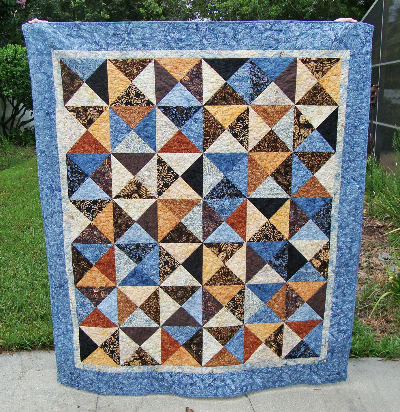 Blue Brown Batik Throw Quilt Blanket, 60.5" x 69.5"