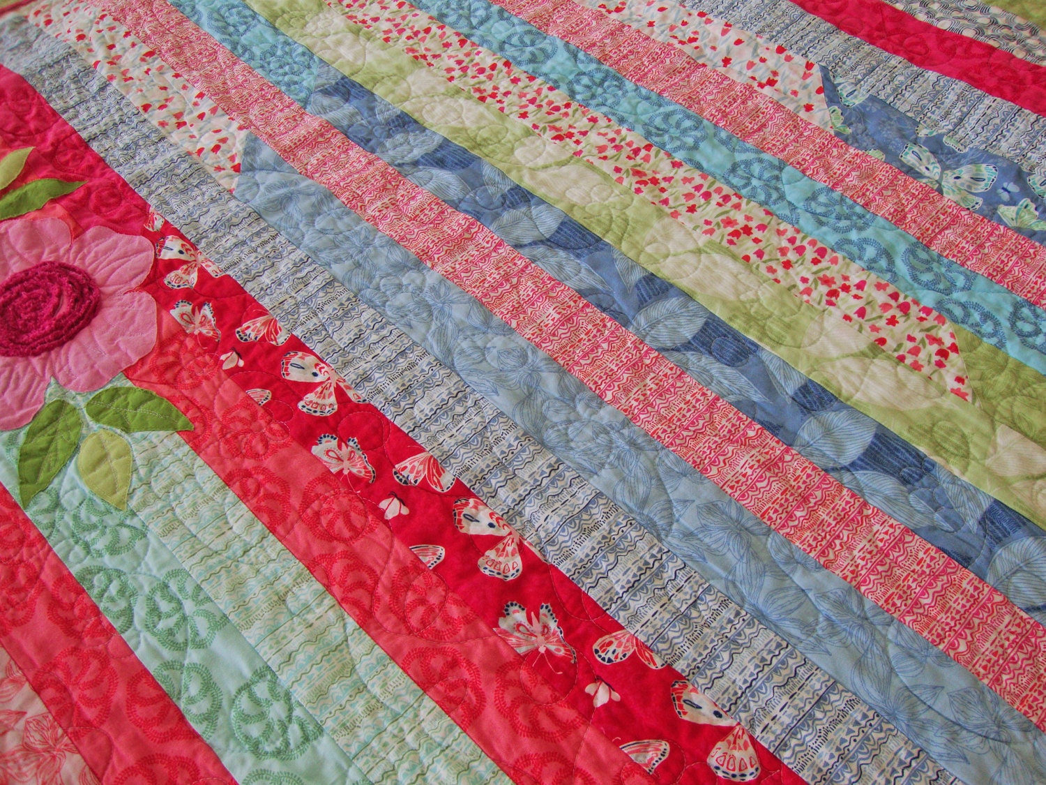 3D Floral Pink Green Striped Throw Quilt, 59.25" x 71.5", Feminine Jelly Roll Race Lap Quilt, Moda Aria