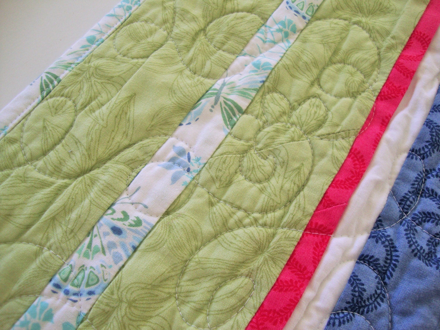 3D Floral Pink Green Striped Throw Quilt, 59.25" x 71.5", Feminine Jelly Roll Race Lap Quilt, Moda Aria