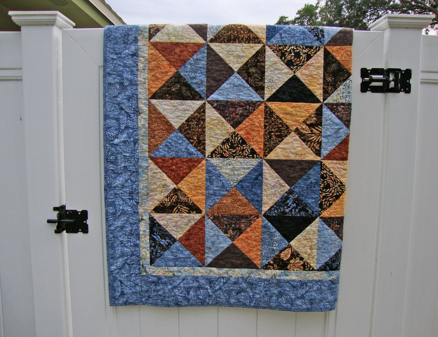 Blue Brown Batik Throw Quilt Blanket, 60.5" x 69.5"