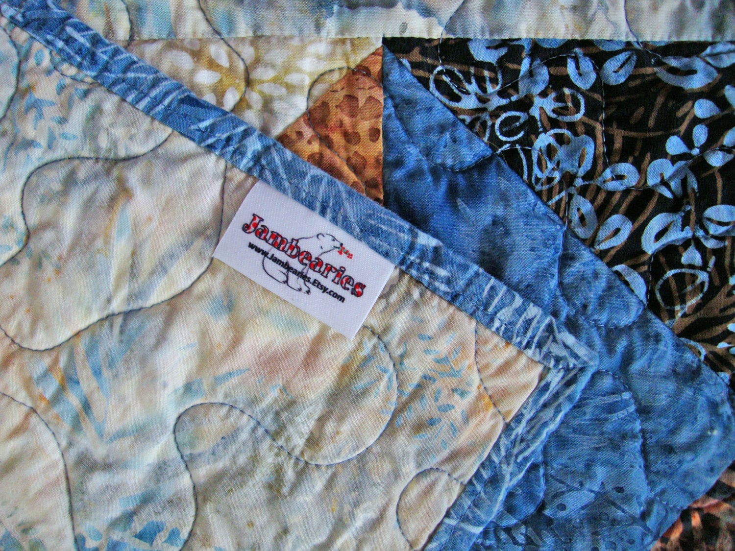Blue Brown Batik Throw Quilt Blanket, 60.5" x 69.5"