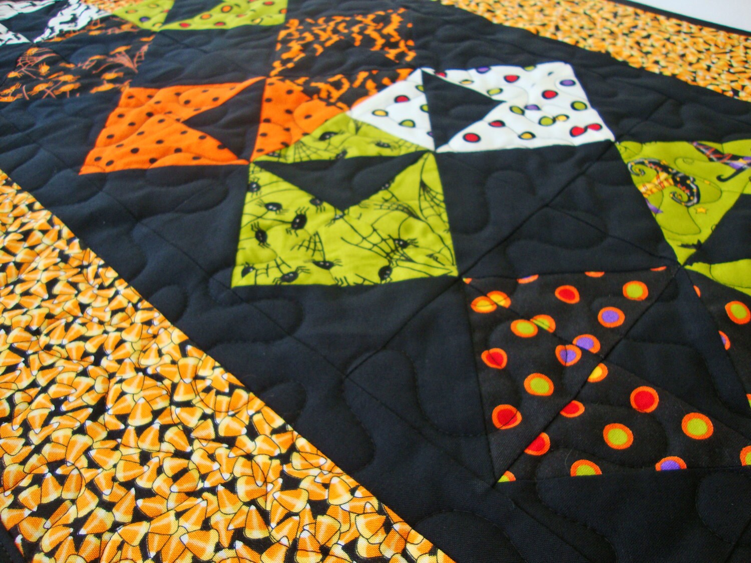 Halloween Candy Corn Quilted Table Runner, 18.75" x 38.5", Halloween Decor, Trick or Treat by Deb Strain, Candy Corn Bats Fabric Runner