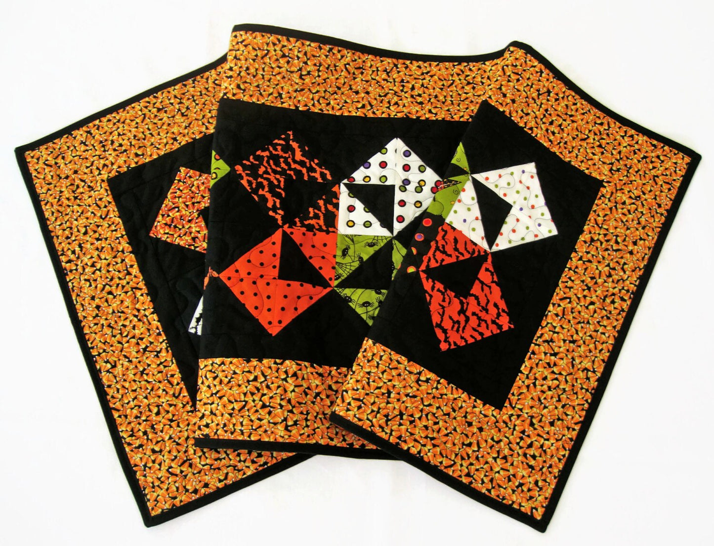 Halloween Candy Corn Quilted Table Runner, 18.75" x 38.5", Halloween Decor, Trick or Treat by Deb Strain, Candy Corn Bats Fabric Runner