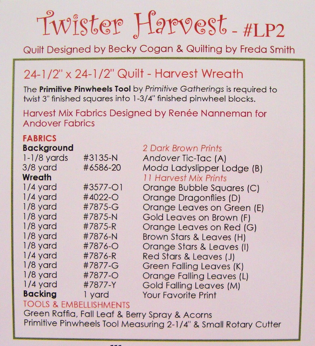 Twister Harvest Quilt Pattern, Need'l Love LP2, Fall Autumn Quilted Wall Hanging Pattern, Tiny Twister Tool