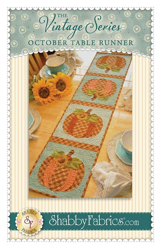 The Vintage Series OCTOBER Table Runner Quilt Pattern, Shabby Fabrics SF48665, Autumn Fall Pumpkin Applique Table Runner Pattern