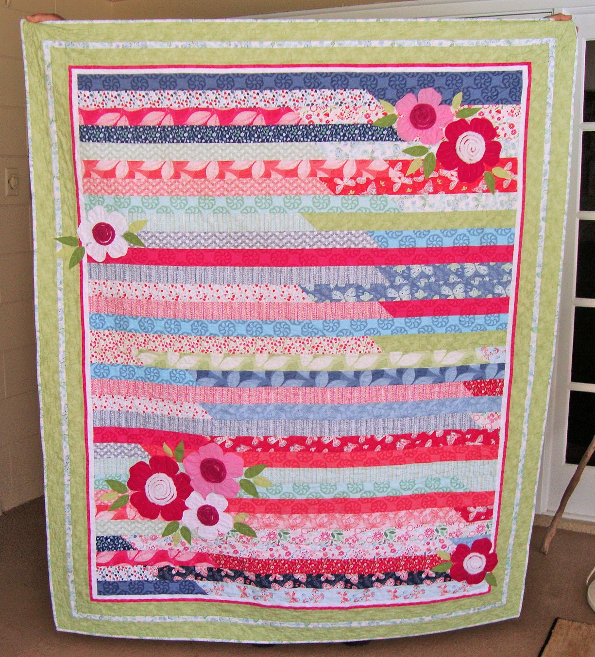 3D Floral Pink Green Striped Throw Quilt, 59.25" x 71.5", Feminine Jelly Roll Race Lap Quilt, Moda Aria