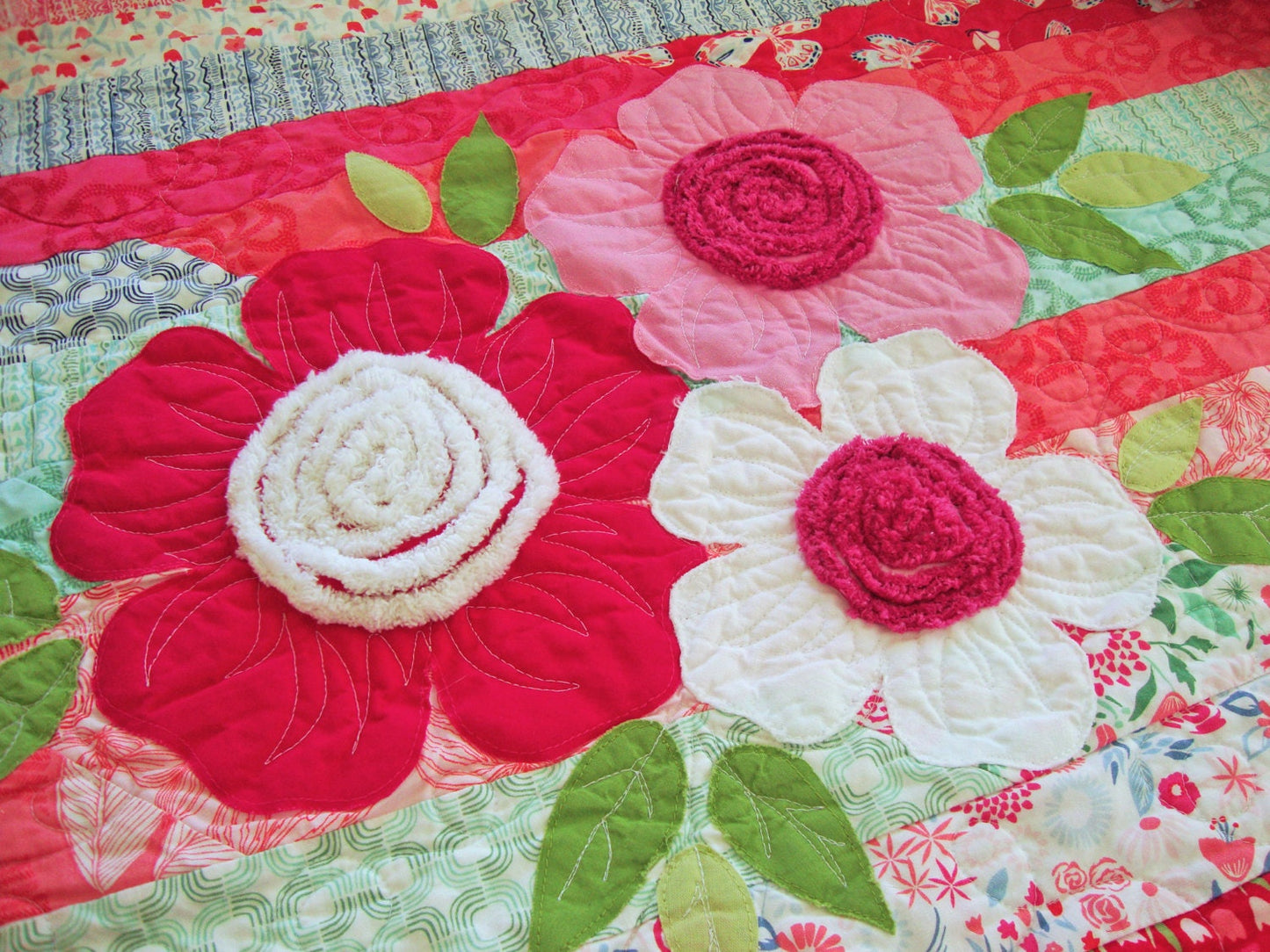 3D Floral Pink Green Striped Throw Quilt, 59.25" x 71.5", Feminine Jelly Roll Race Lap Quilt, Moda Aria