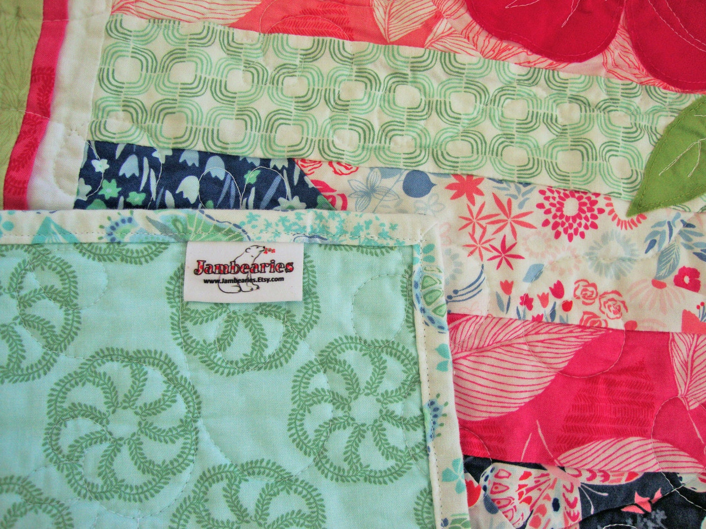 3D Floral Pink Green Striped Throw Quilt, 59.25" x 71.5", Feminine Jelly Roll Race Lap Quilt, Moda Aria