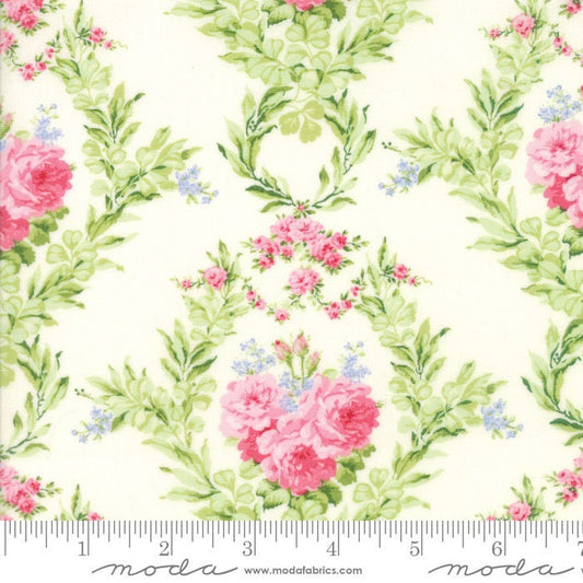 Guernsey - Pink Green Roses on White Floral Fabric, Moda 18640 11, Small Floral Medallion Fabric, Brenda Riddle, By the Yard