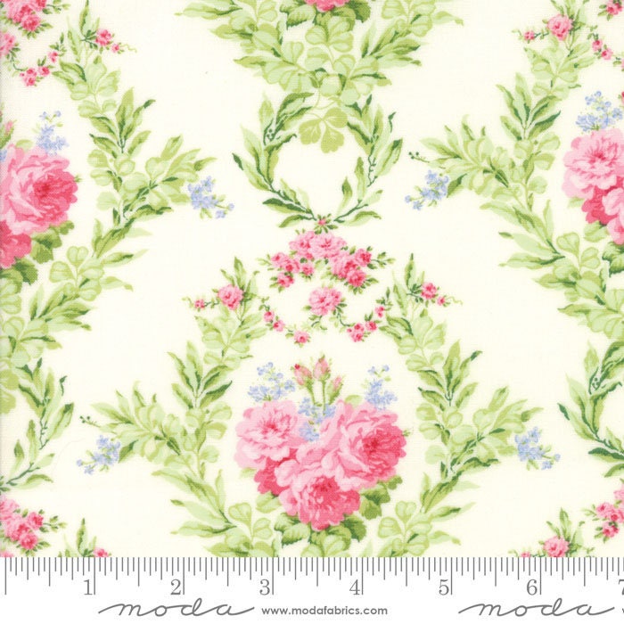 Guernsey - Pink Green Roses on White Floral Fabric, Moda 18640 11, Small Floral Medallion Fabric, Brenda Riddle, By the Yard