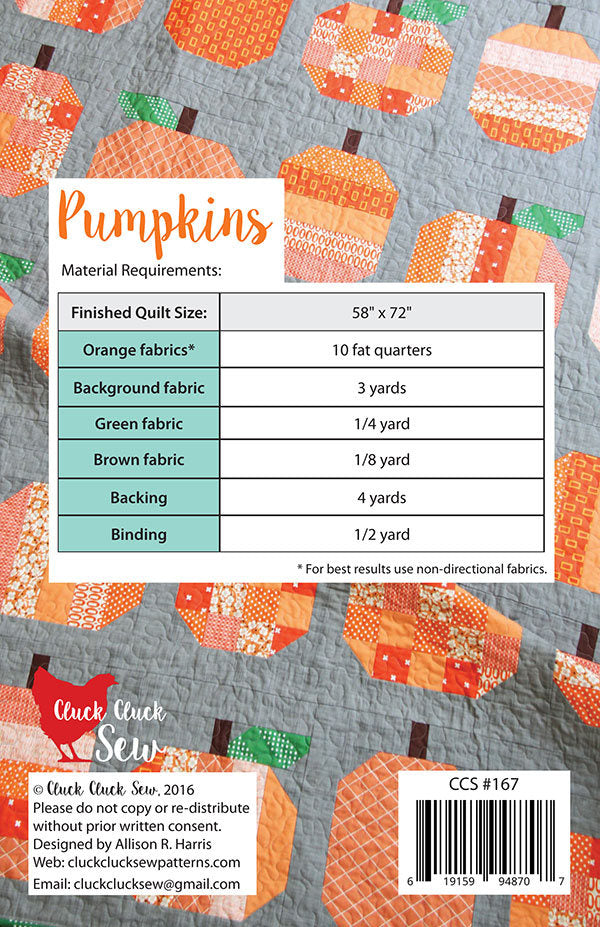 LAST CALL Pumpkins Quilt Pattern, Cluck Cluck Sew CCS167, FQ Fat Quarter Friendly Autumn Fall Pumpkin Lap Throw Quilt Pattern