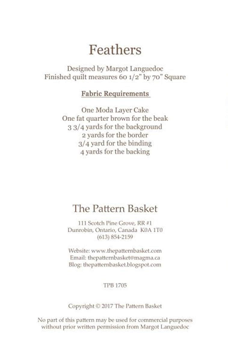 Feathers Quilt Pattern, The Pattern Basket TPB 1705, Layer Cake Friendly Birds Throw Quilt Pattern