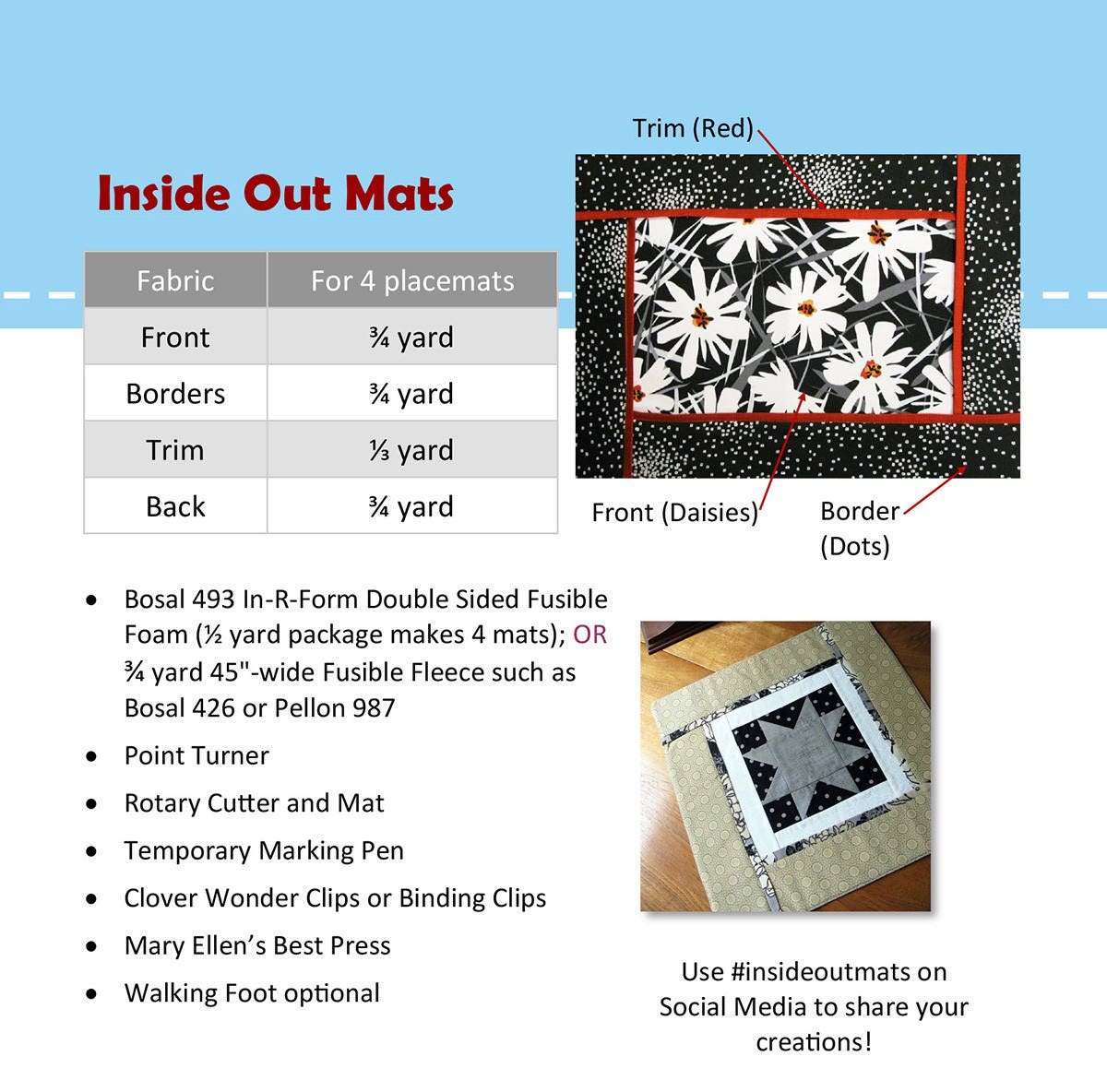 Inside Out Mats Pattern, Poor House Quilt Designs PQD-214, Quilted Place Mats Placemats Pattern, Easy Table Quilt Pattern